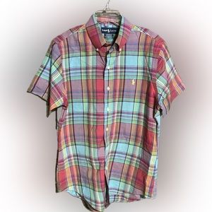 Ralph Lauren Mens Large Red Pin Blue Plaid Cotton Madras SS Shirt Custom Fit Med